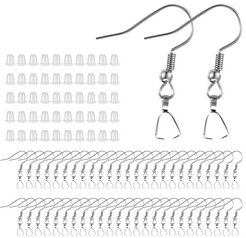 50 ganci per orecchie a forma di amo, kit per la creazione di orecchini, ganci per orecchini in acciaio inox, con 50 chiusure in silicone per la creazione di gioielli fai da te (argento)