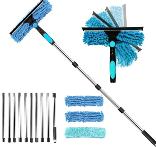 14.76FT Window Squeegee Cleaner Tool Kit with Long Handle,3-in-1 Squeegee & Microfiber Cloth with Silicon Squeegee and Scrubber Tool,Rotatable Bendable Head for Indoor/Outdoor High Window, Wall, Car