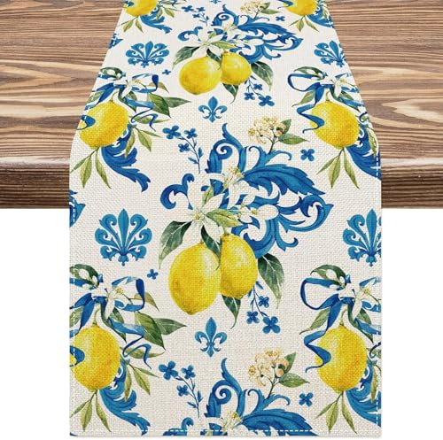 183 x 33cm Zitrone Sommer Tischläufer, Modern Gelb Zitrone Pflanzen Tischdeko, Sommer Zitrone Deko, Saisonnal Frühling Küche Esstisch Dekoration, für Drinnen und Draußen Urlaub Party Wohnzimmer Deko