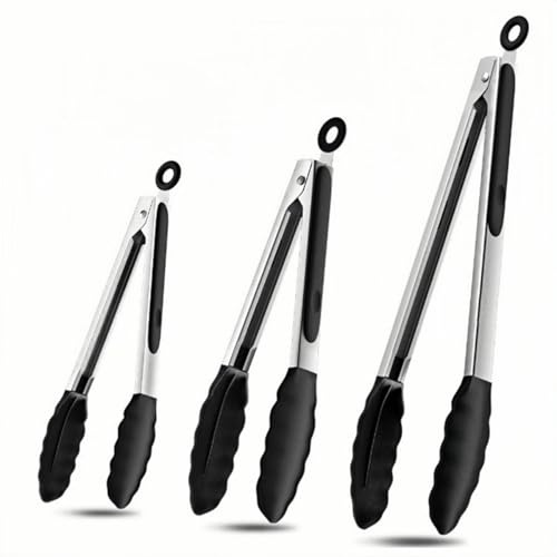 Lot de 3 pinces de cuisine en silicone à long manche en acier inoxydable, têtes en silicone sans BPA, adaptées pour la cuisine, les grillades, les retournements, 17,8 cm, 22,9 cm, 30,5 cm, noir