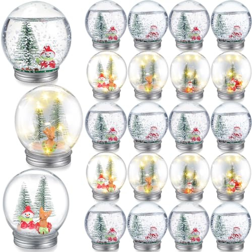 Liliful 30 Stück Weihnachten DIY Schneekugel Kit inklusive 3,58 Zoll LED Kunststoff Schneekugel mit abschraubbarer Kappe Künstlicher Mini-Baum Schneemann Weihnachtsmann Hirsch Tannenzapfen und Lichter