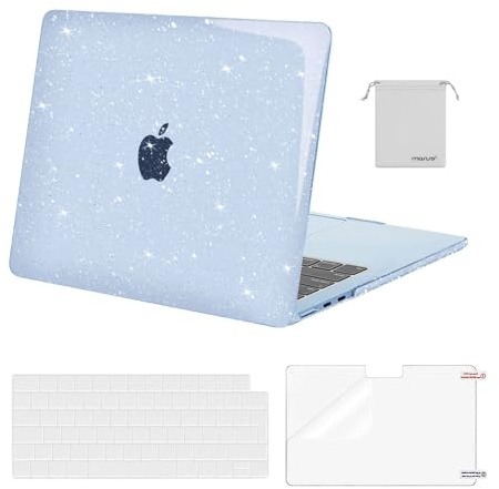 MOSISO Coque Compatible avec MacBook Air M5 M4 M3 M2 13,6 Pouces 2026-2022 A3449 A3240 A3113 A2681,Pailleté Étui RigidePour Mac Air 13 Pouces&Housse Clavier&ScreenFilm&Sac Rangement,Bleu Ciel