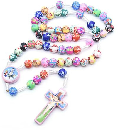KOGMMYSEVP Chapelet pour enfants Perles en polymère colorées Garçon bleu Fille rose Chapelet noué en bois Collier avec pendentif croix, 490mm