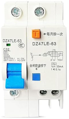 IVEKYKIBC Disjoncteur Miniature DZ47LE-63 for Chauffe-Eau électrique Domestique, 1P+N 32A 50A 63A, 1 pièce(25 V)