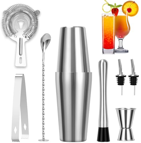 FoiiLiio Boston Cocktail Shaker Set,8 pcs Coktailmixset,Edelstahl Cocktail Set mit Zubehör für Männer,Professional Bartender Accessories,Bar Zubehör Edelstahl