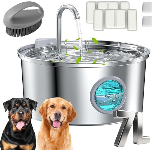 Fontana d'acqua per cani, fontana filtrata da 3,2 l/7 l, super silenziosa, in acciaio inox, per cani di grandi dimensioni, gatti e piccoli animali (argento, 7 l, con 2 elementi filtranti)