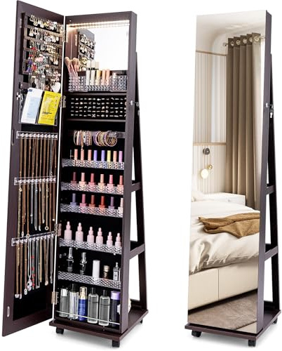 COSTWAY Armadio Portagioie con Ruote, Armadietto Portagioielli con Specchio a Luci LED a 3 Colori, Specchio Portagioie con Ripiani Regolabili, Organizzatore per Gioielli, 40x38x163 cm (Caffè Scuro)
