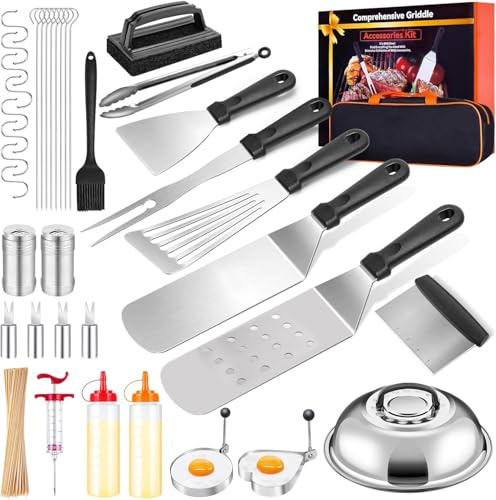 38-Teiliges BBQ Grillbesteck Set aus Edelstahl-Plancha Zubehör, Grillzange, Grill Spatula Set, Grillset mit Aufbewahrungstasche, Grillzubehör Geschenk für Männer Papa