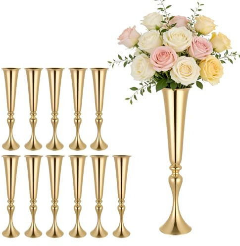 VEVOR Set di 12 Vasi Decorativi Centrotavola per Matrimonio in Metallo, 12 Vasi Supporto per Composizioni Floreali Altezza 55 cm per Decorazioni Banchetti Feste Casa, Finitura Galvanizzata Oro