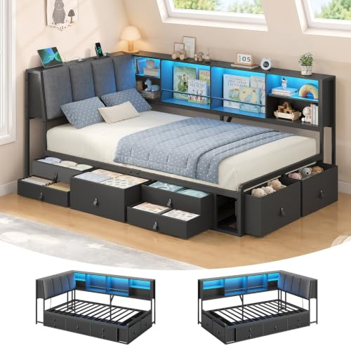 lit 90x200 avec sommier, Lits Banquette 1 Place 90x200 Métal ,Lit à Rangement Triple avec 7 Tiroirs, Coffre, Dossier Inclinable 105°, LED RGB +USB/Type-C, Idéal Studio, Chambre Étudiant & Enfant