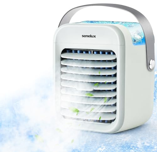 Senelux Portable Air Cooler Rechargeable Desk Fan Evaporative Personal Air Conditioner Unit with 3 Fan Speeds Cooling Mist Humidifier Multi Color LED Night Light 2000mAh Cordless Mini Air Cooler Grey
