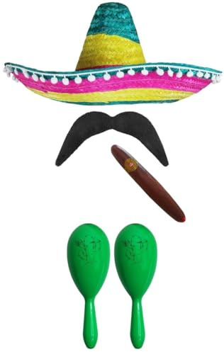 MEXIKANSK FANCY TRÄDGÅRDSTILLBEHÖR. MEXIKAN SOMBRERO + MARACAS + TASH. Perfekt för mekanisk fancy klänning Costumes SenORITA BANDIT MARIACHI (flerfärgad POM POM SOMBRERO + 2 X gröna MarACAS)