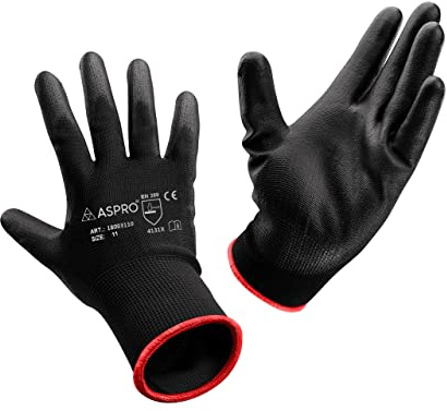 ASPRO 20 Pairs Work and Gardening Gloves - Black Nylon PU Coated Workwear Gloves for Builder, Gardener, Mechanic, Construction, Warehouse etc Size 11 (XXL)