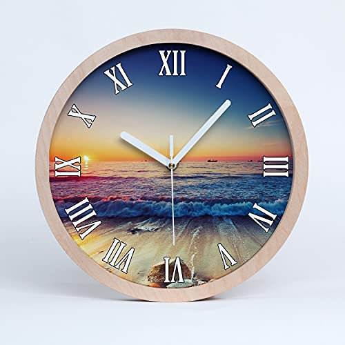 Tulup Holzuhr Wanduhr ⌀ 20cm Uhr Holz Stille Uhren Modern Runde Dekoration Weiße Uhrzeiger - Meer Sonnenaufgang