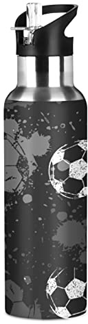 Vnurnrn Regalo Sport Calcio Calcio Nero Bottiglia Acqua Acciaio Inox, Isolato Borraccia Termica Senza BPA 600ML per Bevande Calde e Fredde per Bambini Sport Ciclismo Scuola