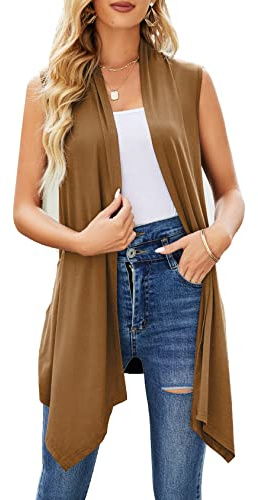 Cardigan senza maniche donna estate leggero aperto anteriore drappeggiato lungo spolverino gilet asimmetrico, Marrone, XL