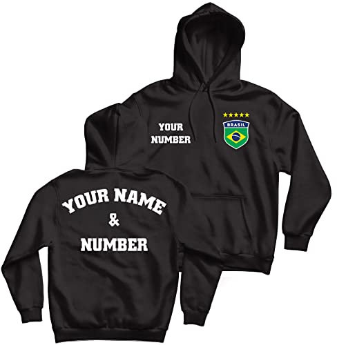 lepni.me Felpa con Cappuccio Brasile Calcio con Tuo Nome e Numero | Distintivo Bandiera Brasiliana Personalizzata | Coppa del Mondo 2022 (XXL Nero Multicolore)