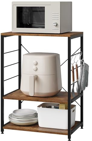 WOLTU Scaffale per Cucina Carrello per Microonde Forno a 3 Ripiani in Metallo e Legno Scaffalature Fioriera Multiuso, Effetto Legno Vintage