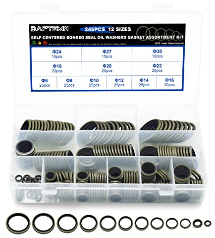Daptemn Bonded Seal Washer, NBR Metric Metal Automotive Sealing Washers Assortment Kit, 245PCS Self-Centred Sealing Rubber Gasket Combination Fit 12 Size M6 M8 M10 M12 M14 M16 M18 M20 M22 M24 M27 M30