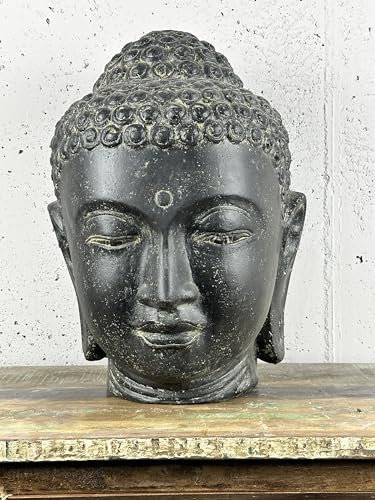 Bali Möbel Buddha Kopf Steinfigur - Höhe 50cm, handgefertigte Stein Skulptur, für Innen & Außen, ideal als Garten Statue & Garten Deko, frost- & wetterfest, Maße (BxTxH) 37x37x50cm