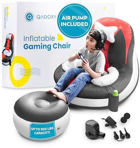 Qadory Inflatable Gaming Chair for Kids – Supports Up to 300 lbs, Includes Air Pump, Cup Holder, 2 Pockets – Durable Bean Bag Seat, Comfy Kids Gaming Chair & Top Gamer Chairs for Kid Room
