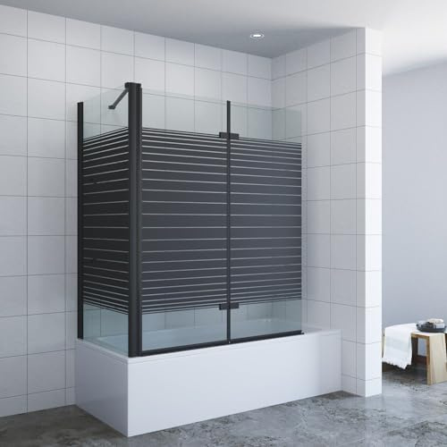 AQUALAVOS Duschwand für Badewanne schwarz faltbar 140x120x70 cm (HxBxT) – 3-teilig mit 5 mm ESG Nano-Glas, Hebe-Senk-Mechanismus & Duschablage