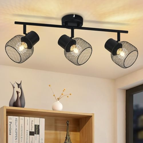 Glitzerlife Deckenlampe E27 Deckenstrahler 3 Flammig - Deckenleuchte Schwarz Vintage Metall Schwenkbar 330° LED Strahler für Wohnzimmer Schlafzimmer flur Küche Kinderzimmer Max.25W Ohne Leuchtmittel
