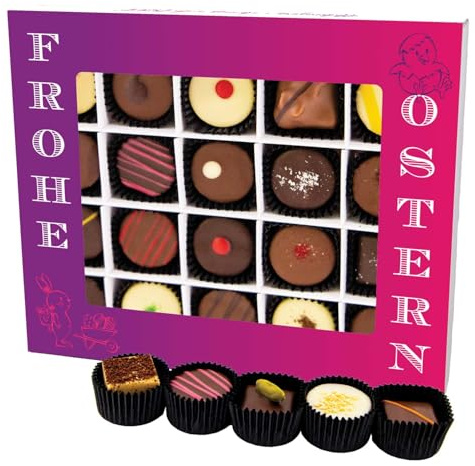Hallingers Genuss Manufaktur Pralinen Oster-Geschenk - ohne Alkohol, handmade aus Confiserie-Edelkakao in wertiger XL-Geschenkbox Frohe Ostern, Ostern Körbchen für Frauen Männer