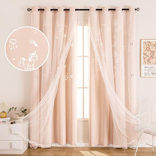 UNISTAR Einhorn-Vorhänge für Kinderzimmer, Mädchen, ästhetische Wohnzimmer-Dekoration, doppellagig, Sternausschnitt, Babyrosa, Fensterwand, Heimdekoration, B 132 x L 213 cm, 2 Stück