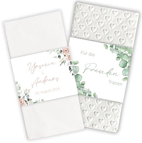 Generisch Freudentränen Taschentücher Hochzeit – 25/50/75/100 Stück – Geprägte Taschentücher & Banderolen, auch personalisiert mit Namen & Datum – Rosa, Eukalyptus, Gold – Für die Freudentränen
