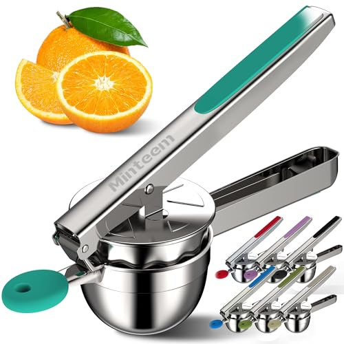 Minteem Exprimidor de limón grande de acero inoxidable, exprimidor de lima y cítricos con asas de silicona, exprimidor de mano resistente de máxima extracción, exprimidor de limón que obtiene hasta la