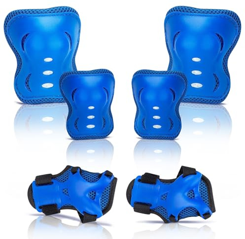 Knee Pads for Kids Protective Gear Set - Knee Pads, Elbow Pads, and Wrist Guards for Girls Boys Skating Skateboard Scooter, Bike, Cycling, Rollerblading, Motorcycle Bike (Blue)