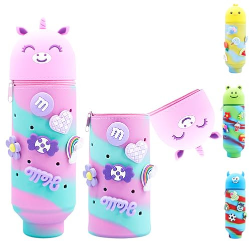 AUNGKWANG Viola Kawaii Astuccio in Morbido Silicone, con 6 Charm Decorativi, 2 in 1 Astuccio unicorno Retrattile per Matite e Portapenne, Materiale Scolastico Ragazze e ragazzi Present