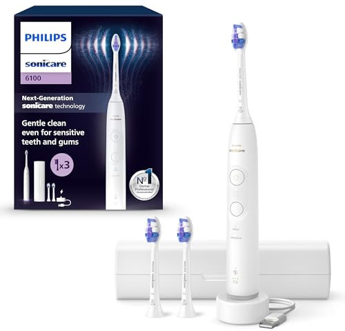 Philips Sonicare 6100 - Brosse à dents électrique sonique avec 2 modes de brossage, 3 niveaux d'intensité, Alerte de pression, EasyStart, Coffret de voyage, Blanc, HX7400/02 [Nouvelle technologie]