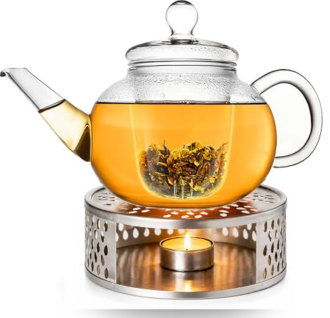 Creano Teekanne aus Glas 1,2l + ein Stövchen aus Edelstahl - Glasteekanne mit Glas-Sieb und Deckel - ideal zur Zubereitung von losen Tees - 100% tropffrei
