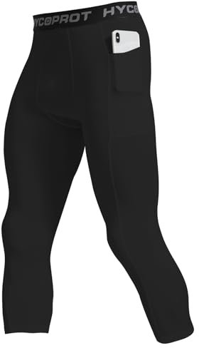 HYCOPROT Homme 3/4 Pantalon de Compression avec Poches Séchage Rapide Leggings de Sport Pantalon de Base Layer Collant pour Basketball Fitness Jogging (Black, XL)