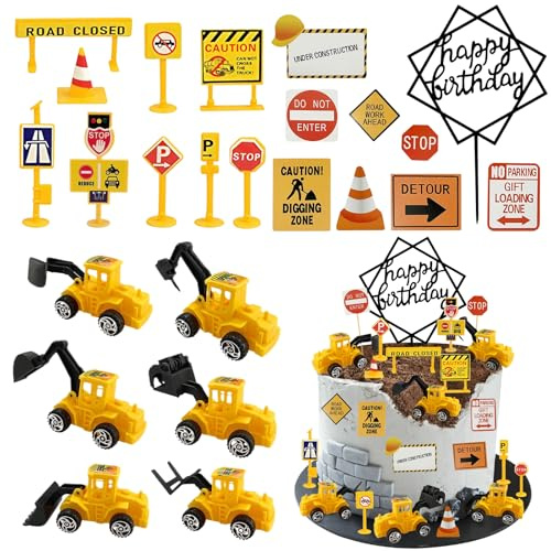 Kuchen Deko Baustelle Set, 24 PCS Tortendeko Bagger, Baustelle Tortendeko, Bagger Kuchendeko, Baustelle Kindergeburtstag, Verkehrsschilder Spielzeug für Kindergeburtstage und Weihnachtsfeiern