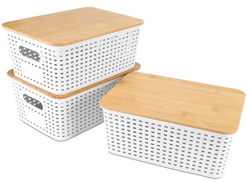 Luziyun 3 Pezzi Scatole Conservazione Con Coperchio Bambù Scatole Portaoggetti Cestini Portaoggetti Plastica Con Manici Organizer Bagno Portaoggetti Scatole Contenitori Armadio Cucina Bagno Ufficio