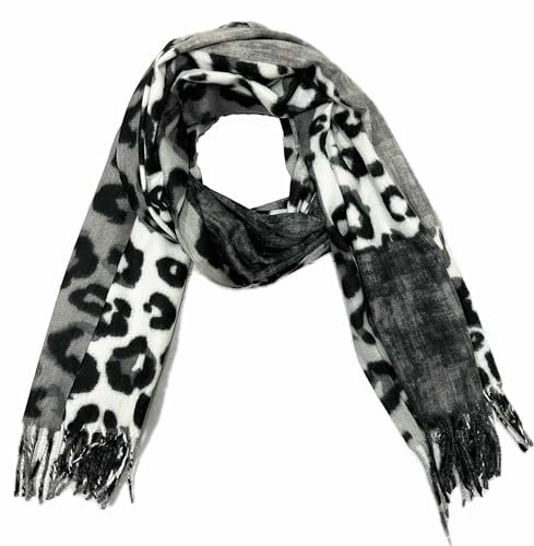 J26 XXL Farbverlauf Leopard Herbst Winter Schal Stola Tuch Übergangsschal Baumwolle mit Fransen Leo (Schwarz)