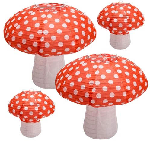 4 Stück Pilz Lampions Papier Laternen Geburtstag Dekorationen Lampion Wild Kindergeburtstag Party Deko Rot (2×20cm, 2×30cm)
