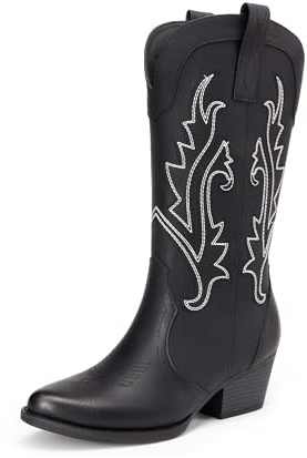DREAM PAIRS Dam Cowboy Cowgirl-stövlar Broderade spetsiga tå låg klack Western Mid-calf stövlar för temafest, countrykonsert, Svart, 41 EU