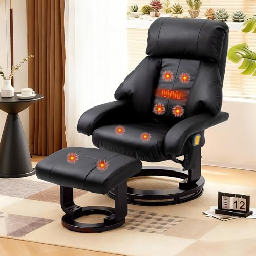 Mingone Massagesessel Elektrisch mit Liegefunktion Schwarz | Fernsehsessel mit Fußhocker | 360° Drehbar | Kunstleder | TV Sessel mit 8 Massagepunkte | Relaxsessel mit Wärmefunktion