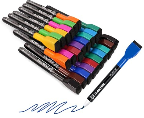 maxtek Whiteboard Stifte, Magnetische, Trocken Abwischbare Marker, Whiteboard Marker mit Feiner Spitze, Folienstift Abwischbar Geruchsarmer Erase Marker mit Radiergummi (12 Farben, 24 Stück)