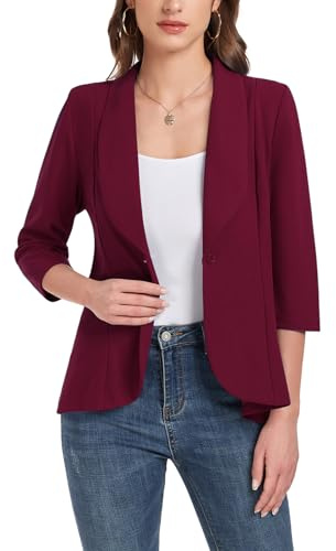 YOUNIFIZ Blazer für Damen, 3/4-Ärmel, vorne offen, Blazer, Knopf, Schalkragen, Damenjacken, Arbeit, Büro, Blazer, Jacken, weinrot, XXL