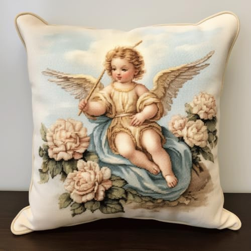 Walluminati Housse de coussin brodée en relief Motif fleurs et filles Broderie au point de croix 11 fils Fait à la main 45,7 x 45,7 cm