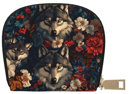 DFJMASFKOL Wolves Leather Bag Wolves with Colorful Flowers Wallet Flowers Card Pack New Parents - Pediatrician and Pharmacy Cards 9X11CM