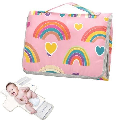 Wiederverwendbare tragbare Wickelunterlage mit Taschentuchtasche, Wickelunterlagen für Wickeltisch mit integriertem Kissen, Regenbogen und Herzen