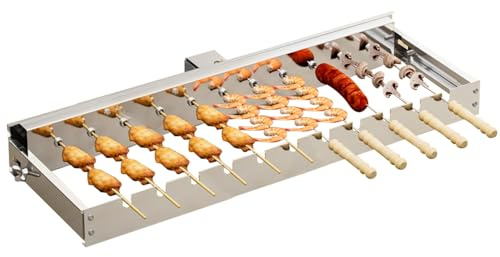 Parrilla Barbacoa Giratoria de Acero Inoxidable con Motor y 11 Brochetas, Tamaño Ajustable: L 57 cm x D 16-30 cm, Adecuada para Camping, Jardín, Picnics y Fiestas.