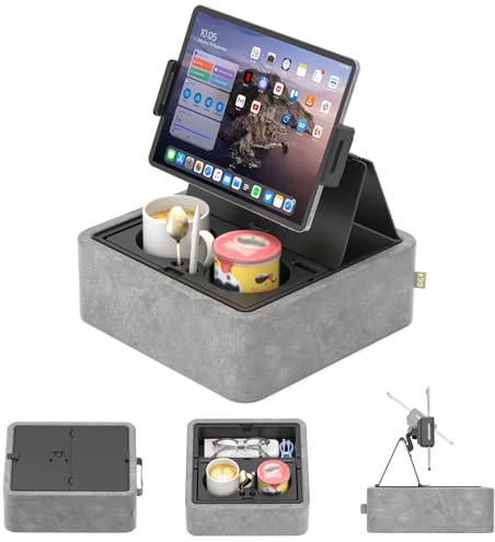 KDD Coussin Support Tablette, Porte iPad Réglable avec Porte-gobelets & Plateau de Rangement pour Lit, Genoux, Bureau, Crochet Rotatif à 360° Compatible avec iPad Pro 12,9, Air, Mini, Téléphone