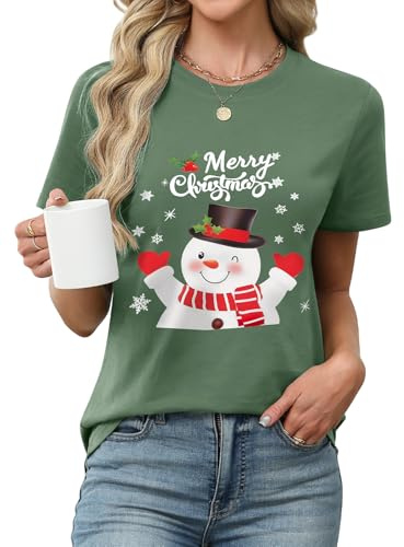 heekpek Camisetas Manga Corta Mujer de Navidad Básica Roja Verde Camiseta Algodón Cuello Redondo Casual Camisetas de Mujer Estampado Tshirt, Verde Muñeco de Nieve, M
